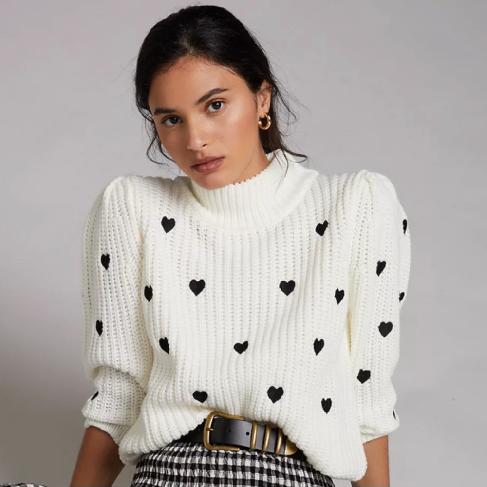 English Factory White Sweater with Black Heart Design